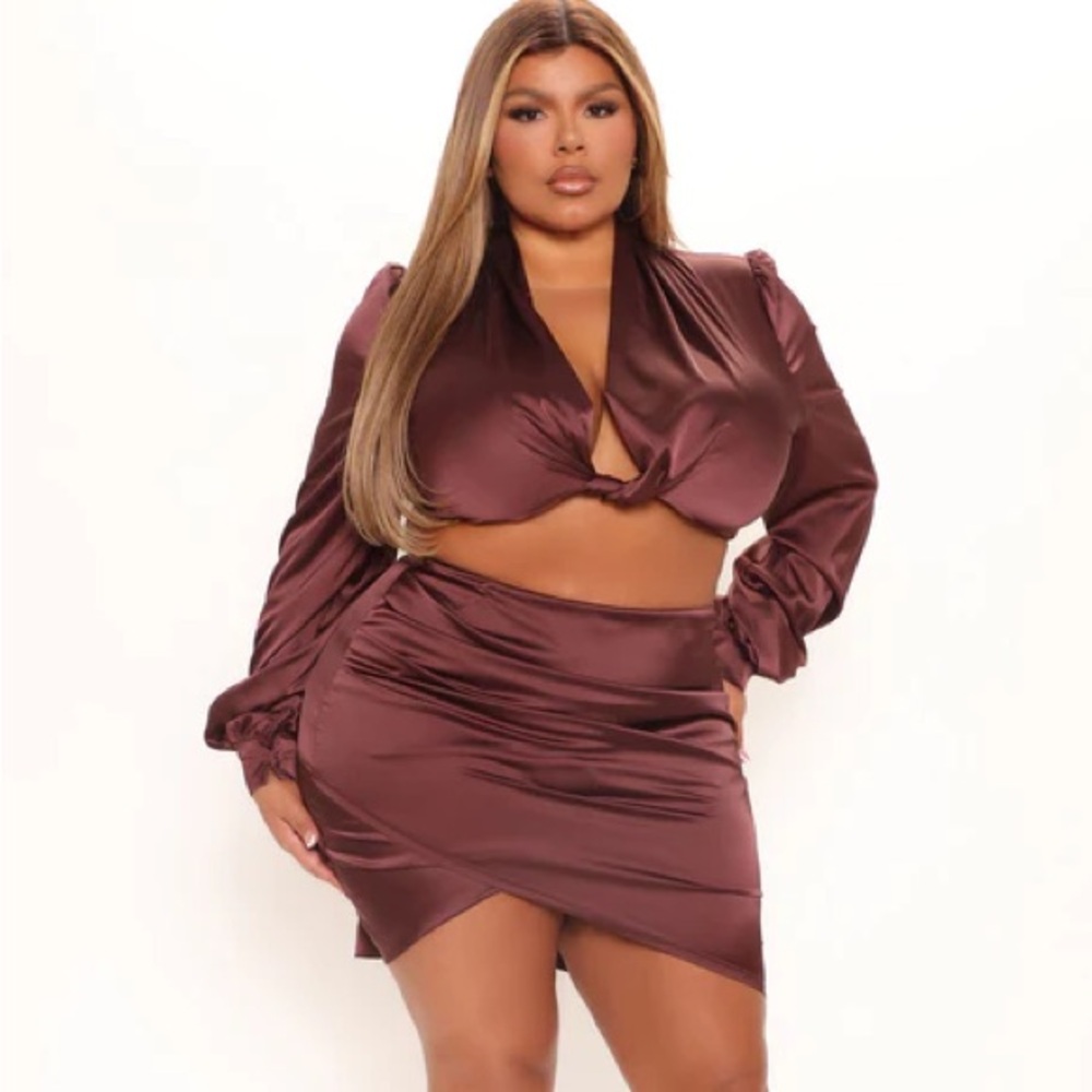 Love Endlessly Satin Skirt Set - Chocolate